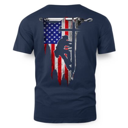 USA Flag Climbing Lineman Apparel - Patriotic Pole Worker T-Shirt